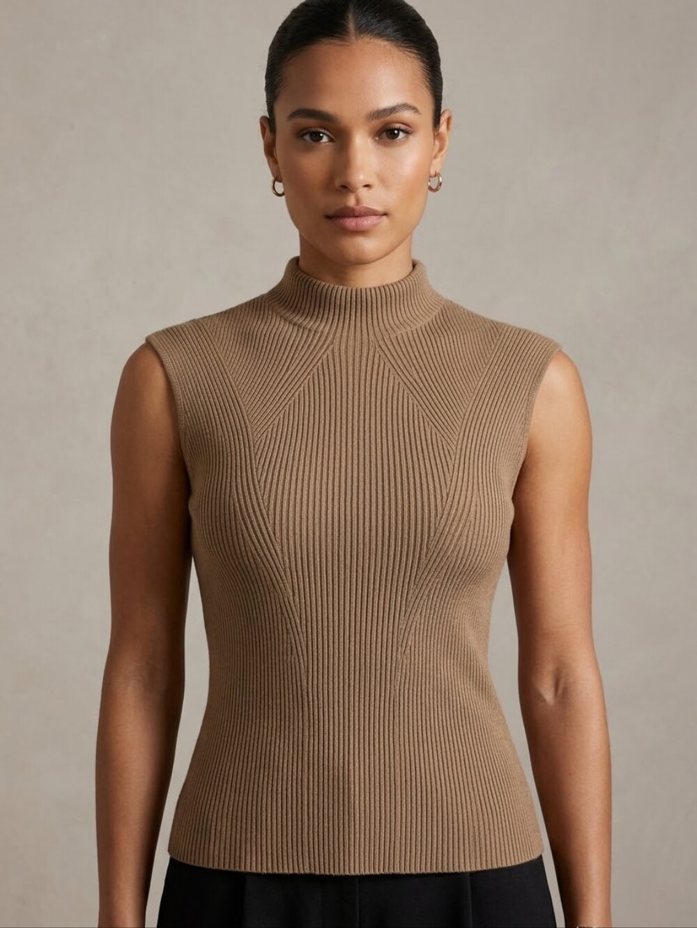 RW&CO Taupe Ribbed Knit Mock Neck Cap Sleeve Sweater Top Size Small